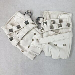 Skeleteen Fingerless Faux Leather White Gloves with Belt Up Closure and Rivets